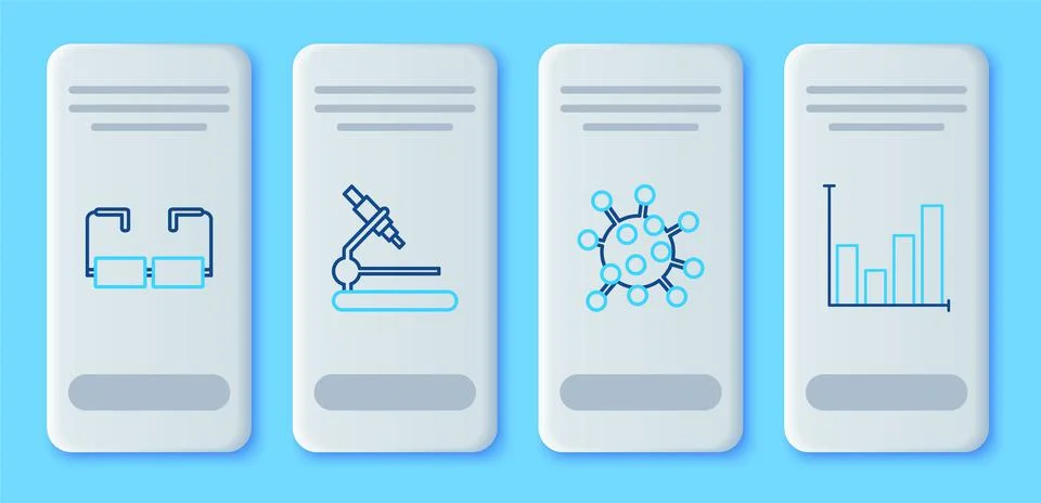 Set line Microscope, Bacteria, Glasses and Pie chart infographic icon. Vector Stock Illustration