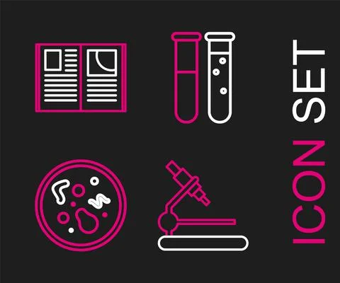 Set line Microscope, Bacteria, Test tube and flask chemical laboratory and Open Illustrazione stock