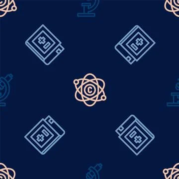 Set line Microscope, Book with mathematics and Atom on seamless pattern. Vector Stock Illustration