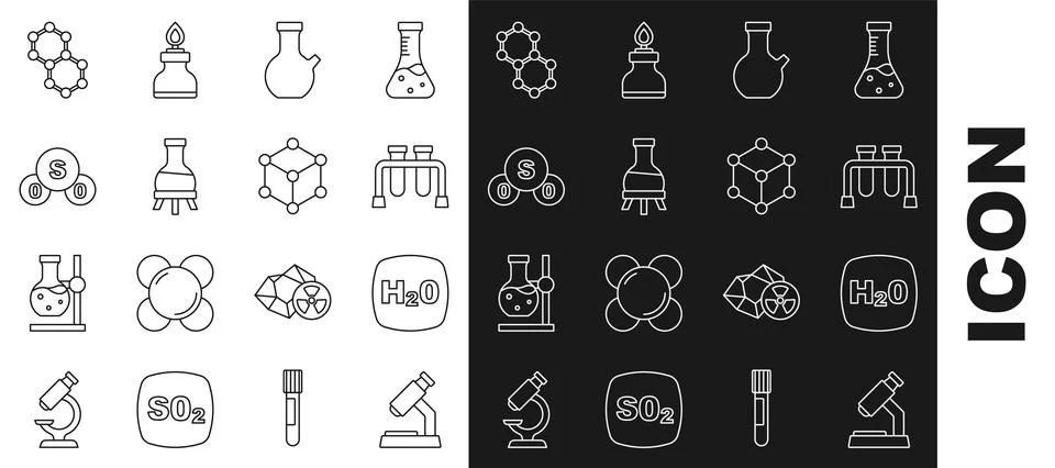 Set line Microscope, Chemical formula H2O, Test tube, Sulfur dioxide SO2 Illustrazione stock