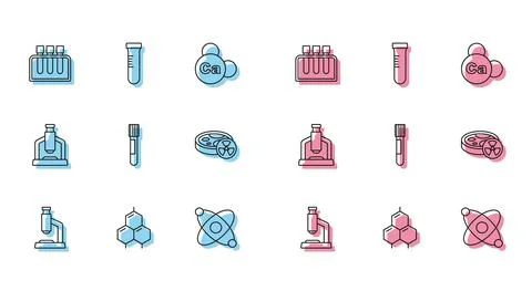 Set line Microscope, Chemical formula, Test tube, Atom, with toxic liquid, and Stockillustratie