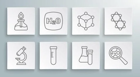 Set line Microscope, Chemical formula H2O, Test tube, Microorganisms under .. Stock Illustration
