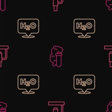 Set line Microscope, Chemical formula for H2O and explosion on seamless pat.. Illustrazione stock