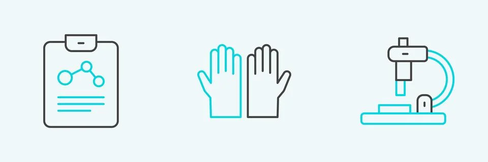 Set line Microscope, Chemistry report and Medical rubber gloves icon. Vector Illustrazione stock