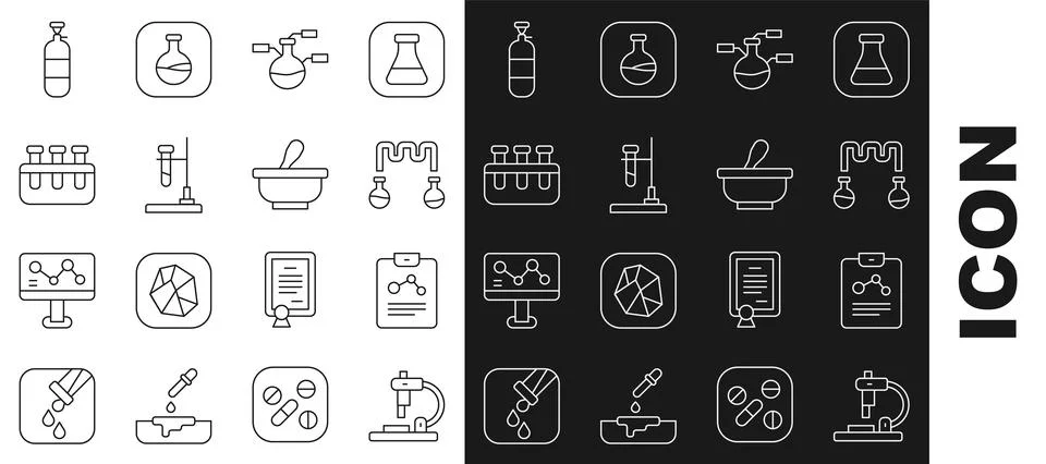 Set line Microscope, Chemistry report, Test tube and flask, on fire, Propan.. Stockillustratie