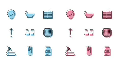 Set line Microscope, Clipboard with document, Extraterrestrial alien face Stock Illustration