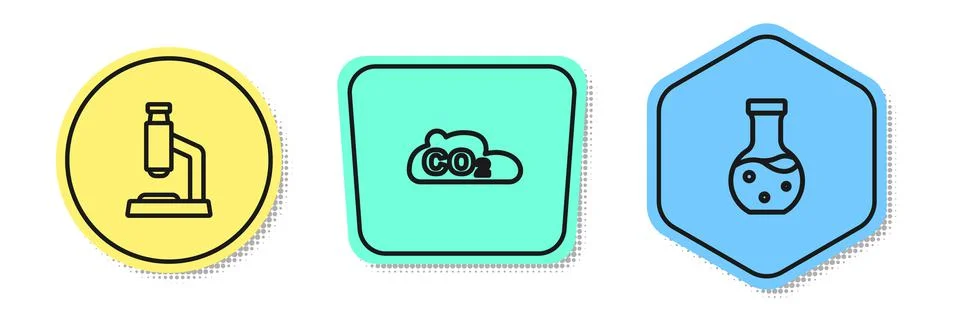 Set line Microscope, CO2 emissions in cloud and Test tube. Colored shapes イラスト素材