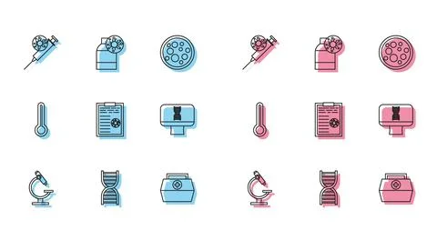 Set line Microscope, DNA symbol, Syringe and virus, First aid kit, Clipboard Illustrazione stock