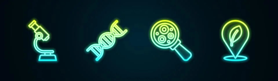 Set line Microscope, DNA symbol, Microorganisms under magnifier and Locatio.. Illustration