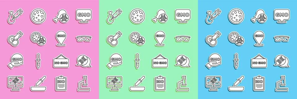 Set line Microscope, DNA symbol, Laboratory glasses, Gmo research chicken, .. Stock Illustration