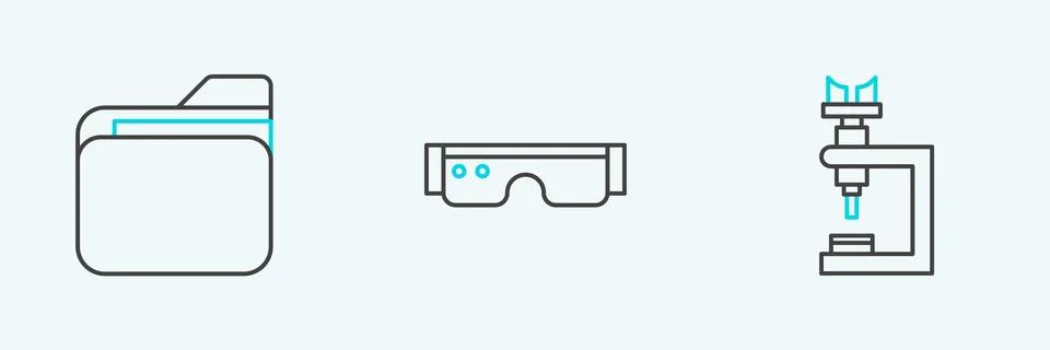 Set line Microscope, Document folder and Smart glasses icon. Vector Illustrazione stock