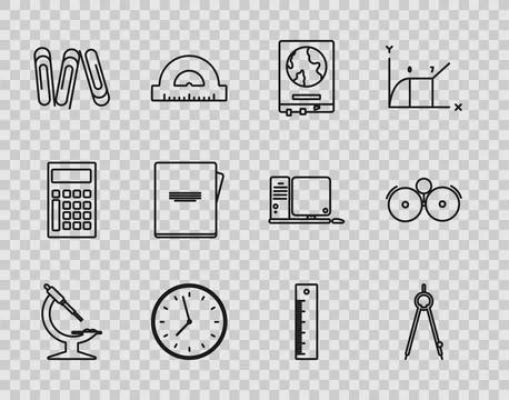 Set line Microscope, Drawing compass, World map on school blackboard, Clock.. Stock Illustration