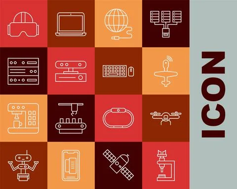 Set line Microscope, Drone flying, UAV, Social network, Motion sensor, Server Stockillustratie