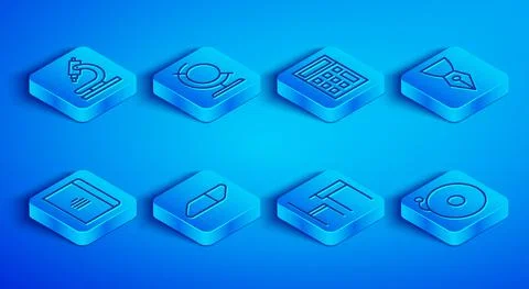 Set line Microscope, Earth globe, Calculator, Eraser rubber, School table and Illustrazione stock