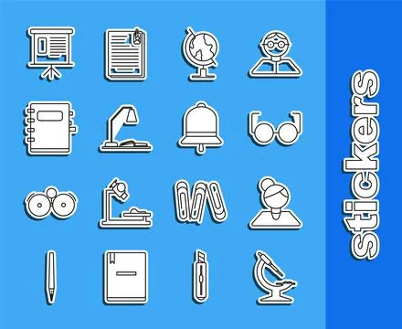 Set line Microscope, Earth globe, Workplace with table lamp and open book Stock Illustration