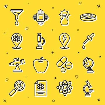 Set line Microscope, Earth globe, Pipette, Explosion in the flask, Atom, Funnel Stock Illustration
