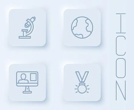 Set line Microscope, Earth globe, Online class and Medal. White square button Stock Illustration
