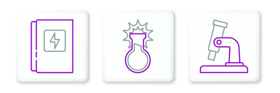 Set line Microscope, Electrical panel and Test tube and flask icon. Vector Illustrazione stock