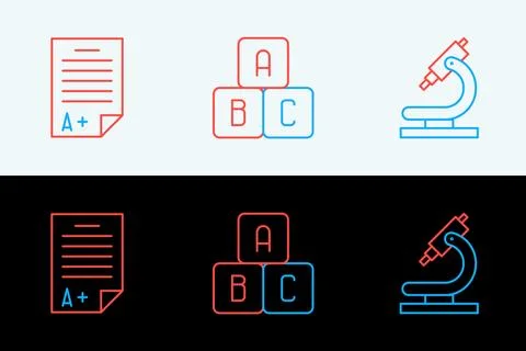 Set line Microscope, Exam sheet with A plus grade and ABC blocks icon. Vector Illustrazione stock