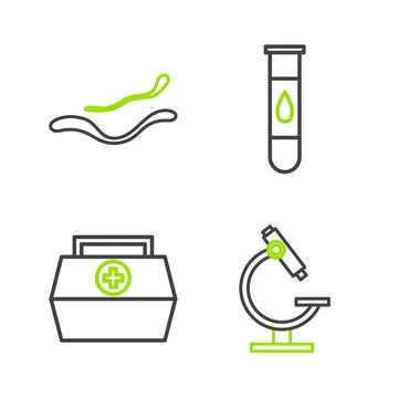 Set line Microscope, First aid kit, Blood test and virus and Ebola disease icon Stockillustratie