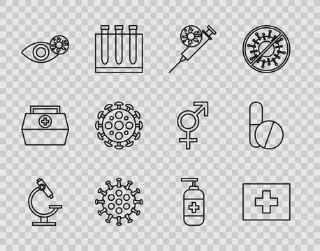 Set line Microscope, First aid kit, Syringe and virus, Virus, Reddish eye d.. Stock Illustration