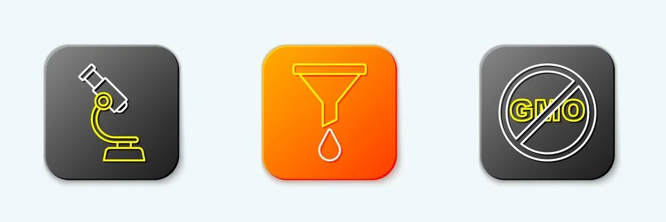 Set line Microscope, Funnel or filter and No GMO icon. Vector Stock Illustration