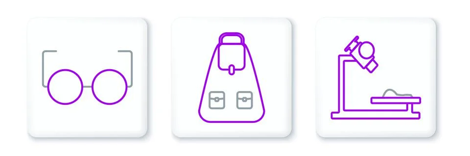 Set line Microscope, Glasses and School backpack icon. Vector Illustrazione stock