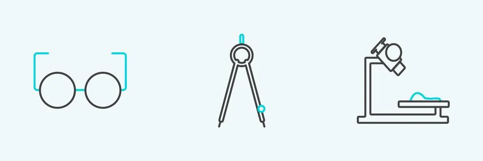 Set line Microscope, Glasses and Drawing compass icon. Vector Illustrazione stock