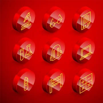 Set line Microscope, Glasses, Exam sheet with A plus grade, Test tube and fla Stock-Illustration