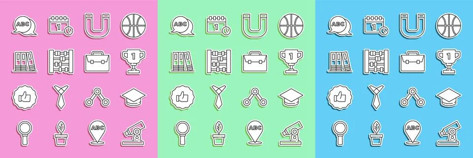 Set line Microscope, Graduation cap, Award cup, Magnet, Abacus, Office fold.. Stock Illustration