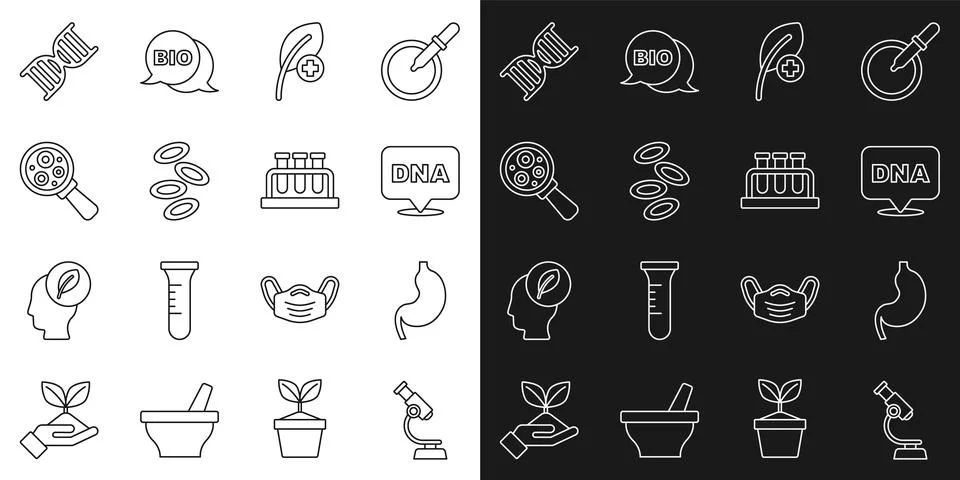 Set line Microscope, Human stomach, DNA symbol, Leaf or leaves, Hemoglobin,.. Stock Illustration