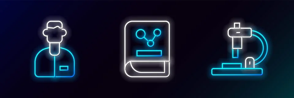Set line Microscope, Laboratory assistant and Chemistry book icon. Glowing .. Stock Illustration