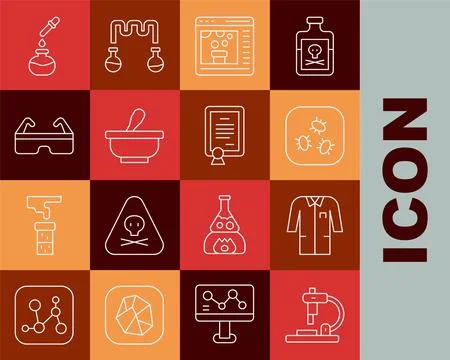 Set line Microscope, Laboratory uniform, Bacteria, Chemical online, Mortar .. Illustrazione stock