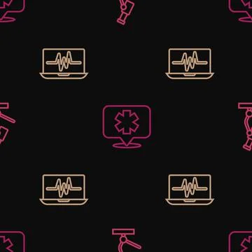 Set line Microscope, Laptop with cardiogram and Medical symbol of the Emergency Stock Illustration