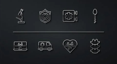 Set line Microscope, Laptop with cardiogram, Sperm, Heart rate, Emergency, Life Illustrazione stock