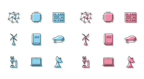 Set line Microscope, Laptop, Neural network, Radar, User manual, Electric car Stock Illustration