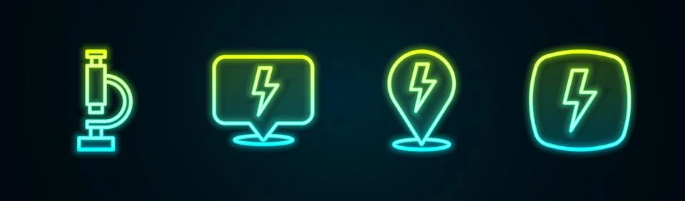Set line Microscope, Lightning bolt,  and . Glowing neon icon. Vector イラスト素材