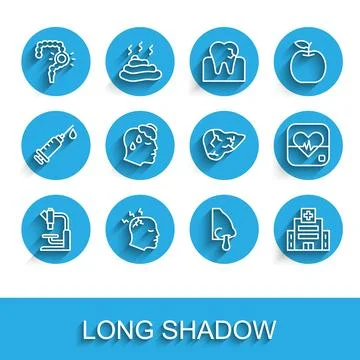 Set line Microscope, Man having headache, Gut constipation, Runny nose, Medical Stock Illustration