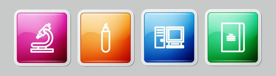 Set line Microscope, Marker pen, Computer monitor and Spiral notebook. Colorful Stock Illustration