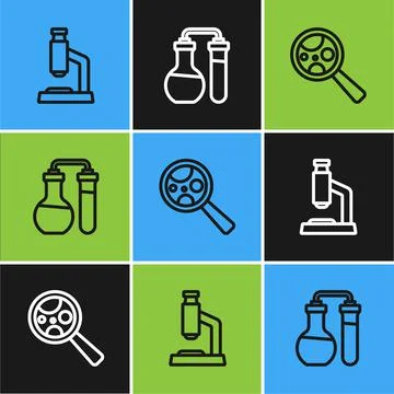 Set line Microscope, Microorganisms under magnifier and Test tube icon. Vector Illustrazione stock