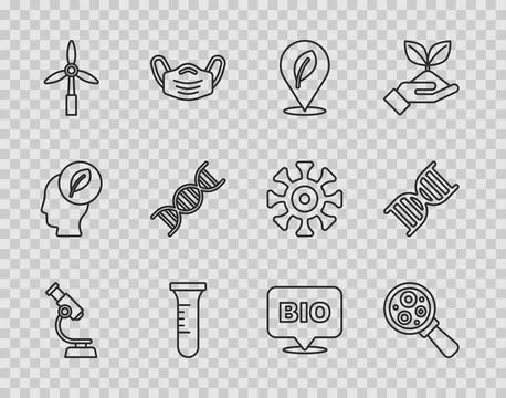 Set line Microscope, Microorganisms under magnifier, Location with leaf, Test Stock Illustration