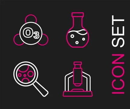Set line Microscope, Microorganisms under magnifier, Test tube and Ozone icon Stockillustratie
