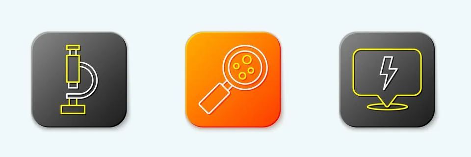 Set line Microscope, Microorganisms under magnifier and Lightning bolt icon.. Stock-Illustration