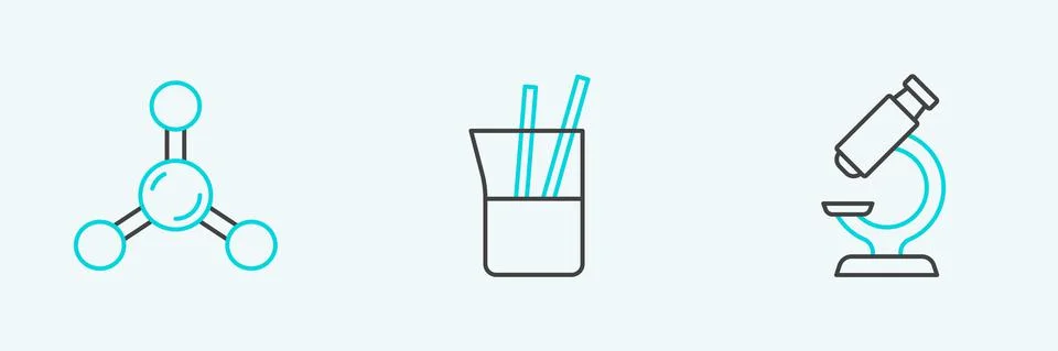 Set line Microscope, Molecule and Laboratory glassware icon. Vector Stock Illustration