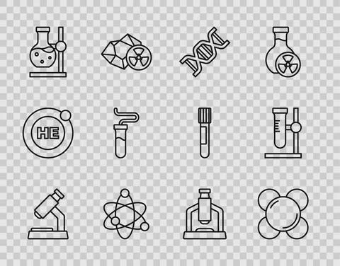 Set line Microscope, Molecule, DNA symbol, Atom, Test tube flask on stand, and Stock Illustration