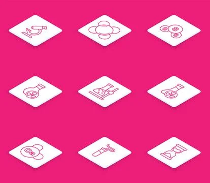 Set line Microscope, Molecule, Sulfur dioxide SO2, Test tube with toxic liquid Stock Illustration
