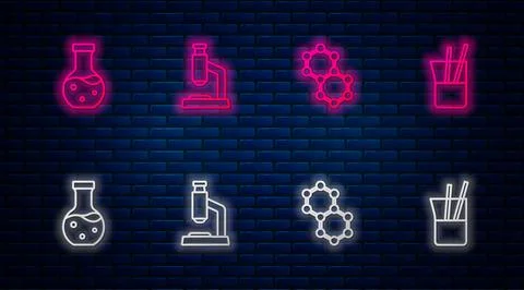 Set line Microscope, Molecule, Test tube and Laboratory glassware. Glowing neon Illustrazione stock