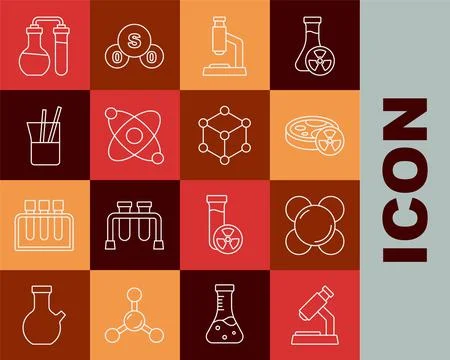Set line Microscope, Molecule, Test tube with toxic liquid, Atom, Laboratory Stock Illustration