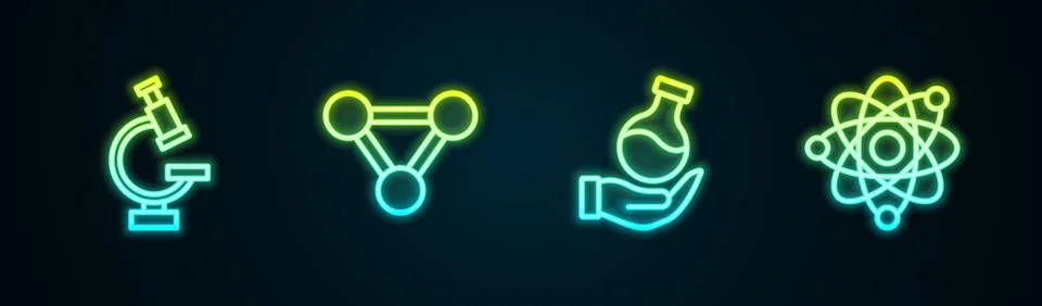 Set line Microscope, Molecule, Test tube and Atom. Glowing neon icon. Vector Illustrazione stock