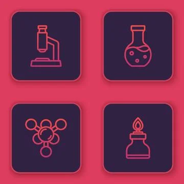 Set line Microscope, Molecule, Test tube and Alcohol or spirit burner. Blue.. Illustrazione stock